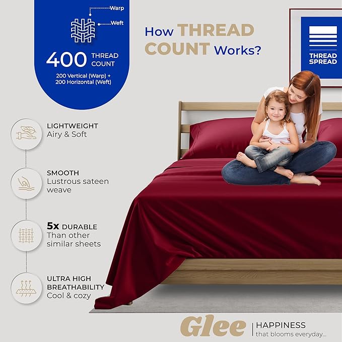 THREAD SPREAD 100% Cotton Bed Sheets Twin XL Set - 400 Thread Count Cotton Twin XL Sheets Only, 3 PC Set (Burgundy), Soft, Breathable, Cooling, Sateen Weave 16" Deep Pocket Bedsheet for Hot Sleepers