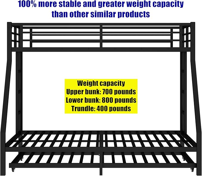 TSAMPA Latest Upgraded & Stronger Metal Bunk Bed Twin XL Over Queen Size, More Stable & Safer Steel Heavy Duty Bunkbed Frame with Twin Size Trundle (Twin XL Over Queen)