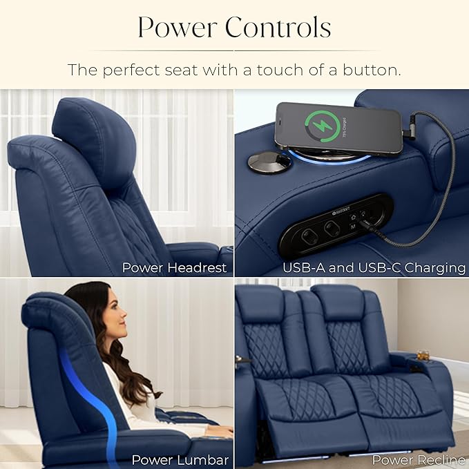 Seatcraft Diamante Zero-Gravity CoolZero Italian Leather Home Theater Seating, Power Headrest, Power Recline, Row of 4 Left Loveseat, Navy Blue
