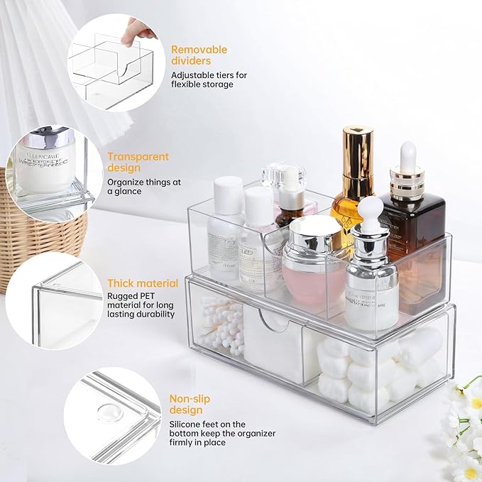 Medicine Cabinet Organizer 2 Pack, Stackable Storage Drawers with Removable Divider, Make Up Organizer for Bathroom Mirror Cabinets, Vanity, Closet, Countertop - Clear
