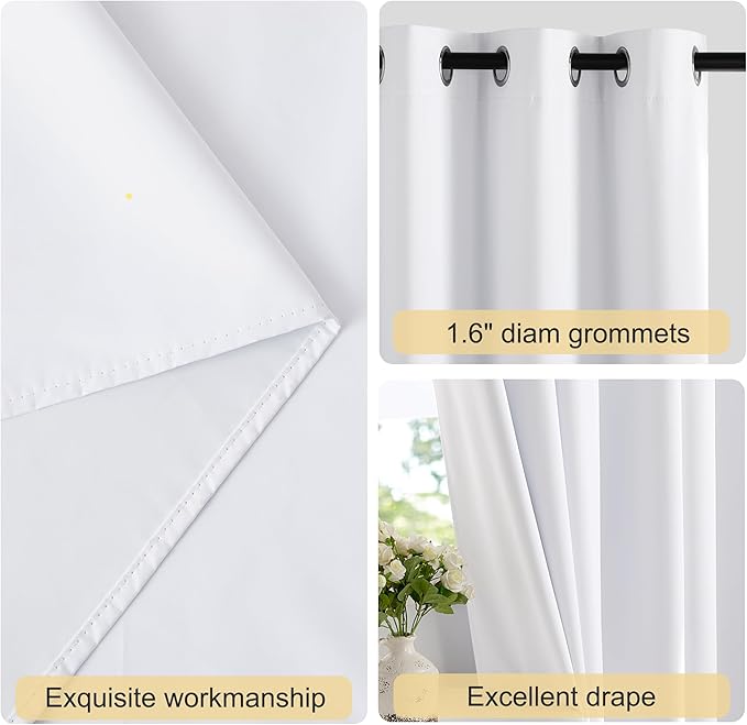 NICETOWN White Full Blackout Bathroom Curtains 50 inches Long, Grommet Thermal Window Treatment 100% Blackout Curtains for Kitchen/Bedroom, 2 Panels, W34 x L50