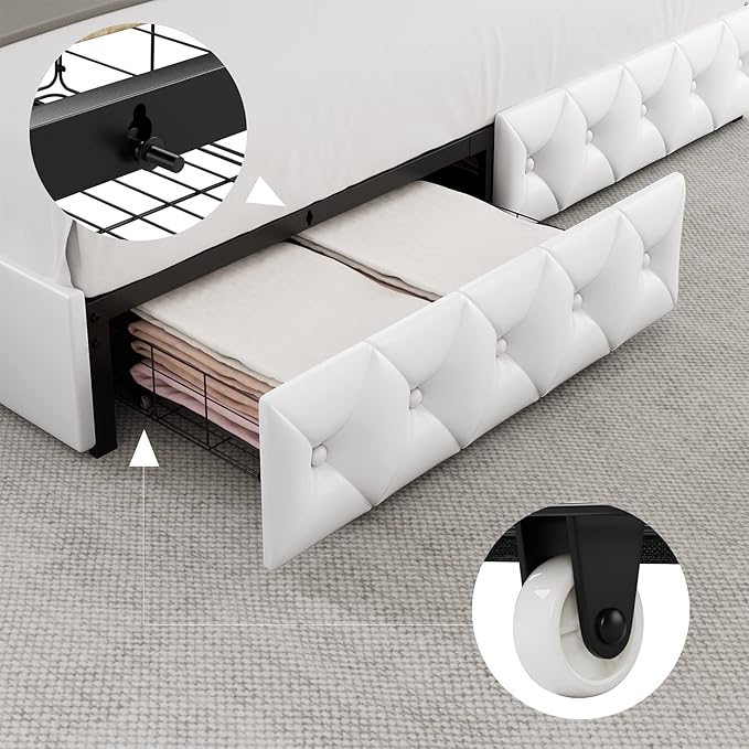 Keyluv Queen Upholstered LED Bed Frame with 4 Drawers, Pu Leather Platform Storage Bed with Adjustable Button Tufted Headboard and Solid Wooden Slats Support, No Box Spring Needed, White