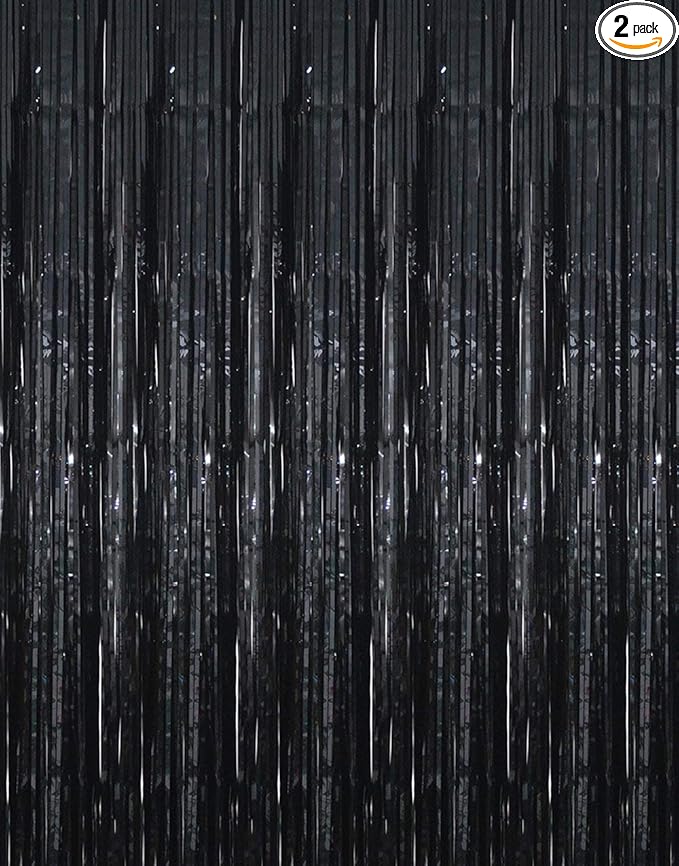 GOER 6.4 ft x 9.8 ft Metallic Tinsel Foil Fringe Curtains,Pack of 2 Party Streamer Backdrop for Birthday,Graduation Decorations and New Year Eve (Black)