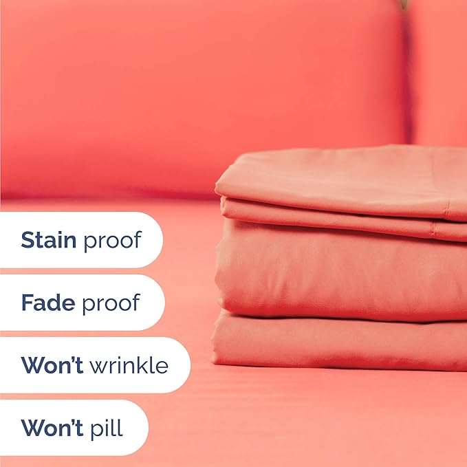 Twin 4 Piece Sheet Set - Cooling, Comfy & Breathable - Hotel Luxury Bedding, Includes Fitted Sheet for Women, Men, Kids and Teens - 1 Flat, 1 Fitted Sheet, 2 Pillowcases with Deep Pockets - Coral
