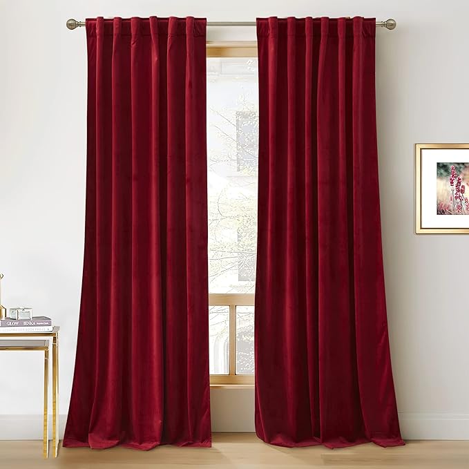 RYB HOME Red Velvet Curtains for Theater - Light & Heat Block Back Tabs Window Treatment Energy Efficient Drapes for Hotel Villa Living Room, Ruby Red, W52 x L108 inches, 2 Panels