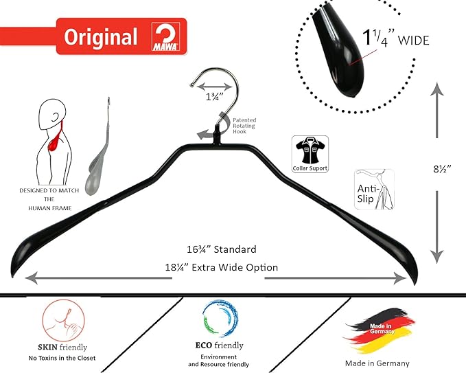 Mawa by Reston Lloyd BodyForm Series Non-Slip Space-Saving Clothes Hanger for Jackets, Suits & Coats, 16-1/2", Style 42/L, 1-Each, Silver