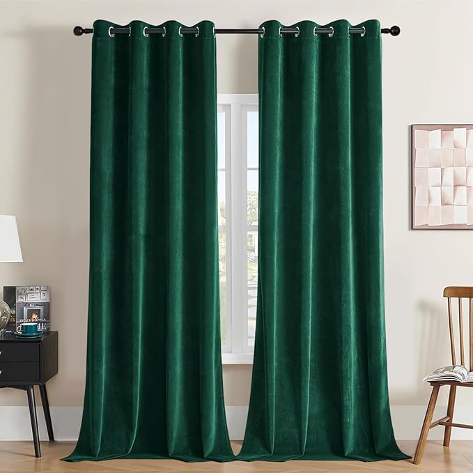 Joydeco Dark Green Velvet Curtains 96 Inches Long, Luxury Grommet Blackout Curtain 2 Panels, Thermal Insulated Privacy Room Darkening Window Drapes for Bedroom Living Room Home Theatre (52Wx96L)