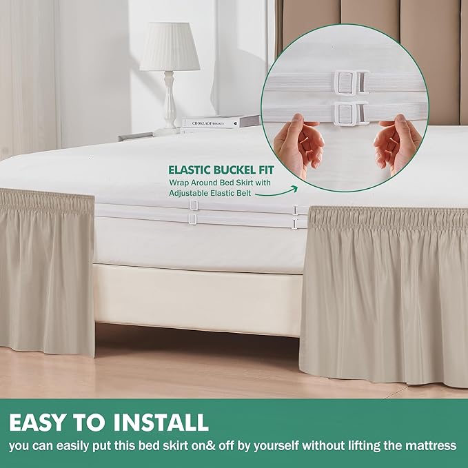 Biscaynebay Wrap Around Bed Skirts with Split Corners for King Beds 16" Drop, Light Camel Elastic Dust Ruffles Adjustable Easy Fit Wrinkle & Fade Resistant Silky Luxurious Fabric Machine Washable