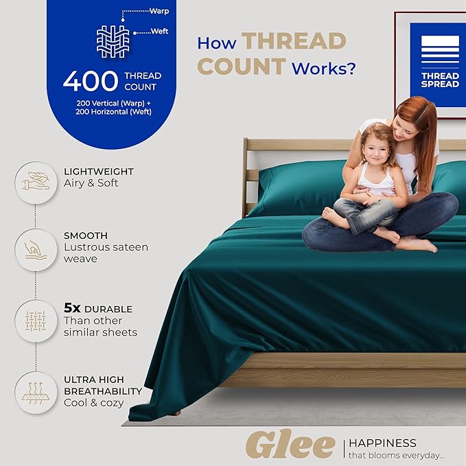 THREAD SPREAD Full Size Sheets Cotton - 400 Thread Count 4 PC 100% Cotton Full Size Sheet Sets, 16” Deep Pocket Full Size Sheets Set, Ultra Soft, Cooling Full Sheet Set, Luxury Hotel Sheets (Teal)