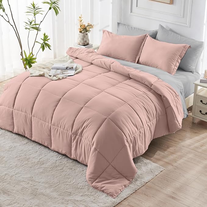 JOLLYVOGUE Queen Comforter Set, Ultra-Soft Bed in a Bag Queen Size 7 Pieces, Oeko-TEX Certified Bedding Set with Down Alternative Comforter, Sheets, Pillowcases & Shams, Pink & Light Grey