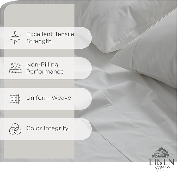 Linen Home 100% Cotton Percale Sheet Set, Queen Size, White, Deep Pocket, 6 Pieces Set - 1 Flat, 1 Deep Pocket Fitted Sheet and 4 Pillowcases, Crisp Cool and Strong Bed Linen