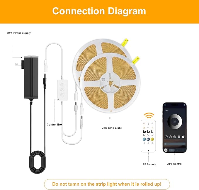 COB LED Strip Lights Cool White,24V Dimmable led Light Strip KIT with Remote and app Control,6000K 32.8FT/2 * 5m 8mm Wide Ra>90 Cuttable Flexible Strip Lights forBedroom,Wardrobe,Cabinet
