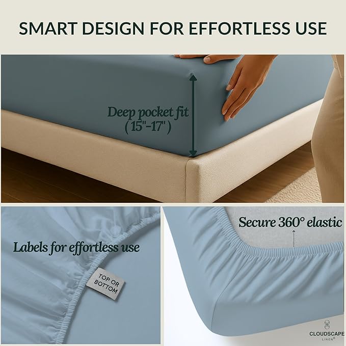 Cloud Scape Linen 100% Egyptian Cotton Sheets Twin Size, 3 Pieces Luxury Bedding Set, 400 Thread Count,Hotel Quality, Silky Soft, Breathable and Durable, Deep Pockets up to 15, French Blue