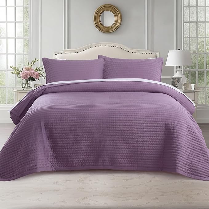KASENTEX Oversized Queen Quilt Set 102"x106" – Soft Washed 3-Layer Lightweight Bedspread, Minimalist Nordic Design, All-Season Spring & Summer Quilt Set (1 Quilt + 2 Pillow Shams),Grape Jam Purple