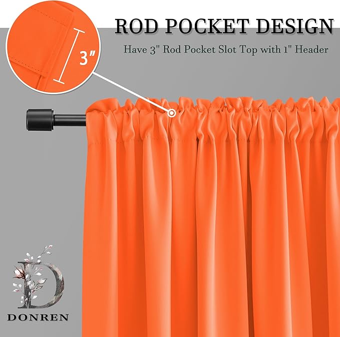 DONREN 72 Inch Long Room Darkening Bedroom Curtains - Tangerine Orange Blackout Thermal Insulated Window Treatment Drapes for Livingroom Door Curtains,W 52 x L 72,2 Panels