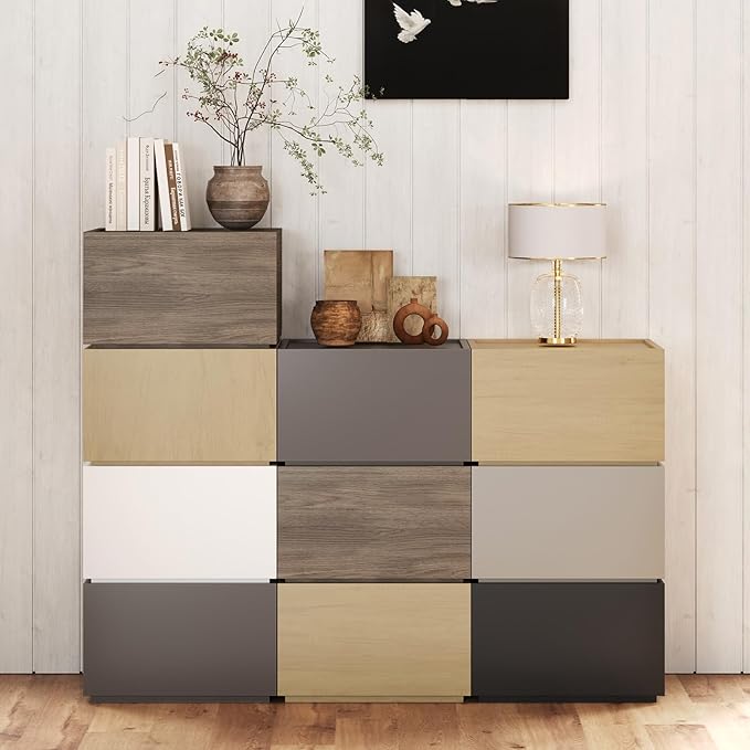 Stackable Storage Drawers, Wooden Drawer Storage Organizer, Modern Nightstands with Wooden Drawers, Small Storage Cabinet, Modular Design, Available in 2 Sizes for Versatile Use Black Large