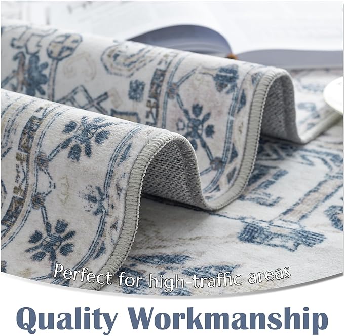 jinchan Lima Runner Rug 2x5 Washable Hallway Runner - Vintage Floral Non Slip Low-Pile Soft Ultra-Thin Kitchen Rug Distressed Carpet for Farmhouse Bedroom Entryway Laundry Room (2x5ft, Blue)
