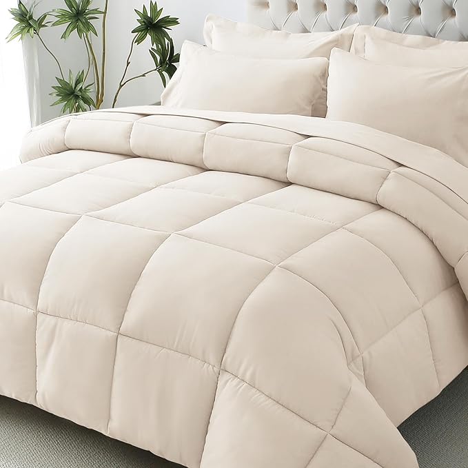 JOLLYVOGUE California King Comforter Set, Ultra-Soft Bed in a Bag Cal King Size 7 Pieces, Oeko-TEX Certified Bedding Set with Down Alternative Comforter, Sheets, Pillowcases & Shams, Beige
