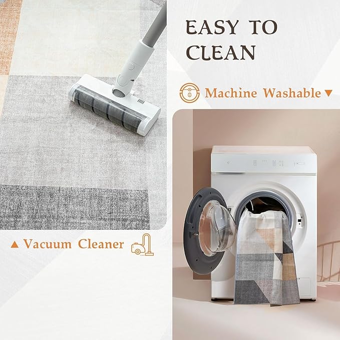 HOMFINE Washable Modern Area Rug - Geometric Style 8x10 Rugs for Living Room, Bedroom, Machine Washable Rug Soft Non Slip Non Shedding Area Rug - Grey Brown, 8'x10'