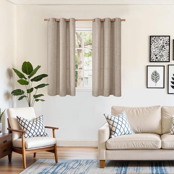 YoungsTex Short Linen Curtains 45 lnch Length, Semi Sheer Drapes with Bronze Grommet Ligth Filtering for Kitchen Bathroom Living Room Windows Lightweight, Dark Oatmeal, 2 Panels, 42 X 45 Inch