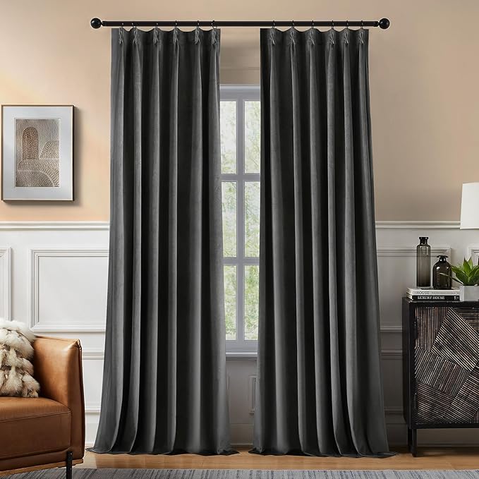 Pinch Pleated 100% Blackout Curtains for Bedroom, Grey Velvet Curtains for Living Room, Black Out Curtain 90 inch Long Room Darkening, Blackout Pinch Pleat Drapes with Hooks 2 Panels