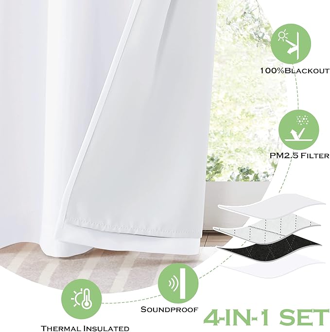 KGORGE 4-in-1 Soundproof Anti Dust 100% Blackout Curtains with Melt-Blown Layer Thermal Insulating Window Treatment Drapes for Living Room Bedroom Kis Nursery, W 52 x L 84, White, 2 Panels