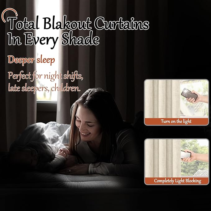 100% Blackout Curtains for Bedroom 63 Inch Length 2 Panels, Thermal Insulated Complete Light Blocking Noise Reducing Linen Window Curtains for Nursery, Bronze Grommet, Each 52" Wide, Natural