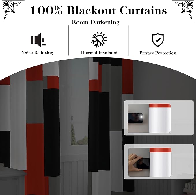 Red Black 100% Blackout Curtains for Bedroom 108 inch Extra Long 2 Panels Set White Grey Modern Abstract Geometric Black Out Curtains Room Darkening Window Drapes for Living Room, 52Wx108L