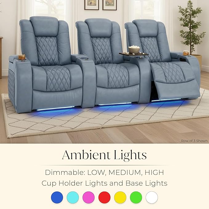 Seatcraft Diamante Zero-Gravity CoolZero Italian Leather Home Theater Seating, Power Headrest, Power Recline, Row of 2, Smokey Blue