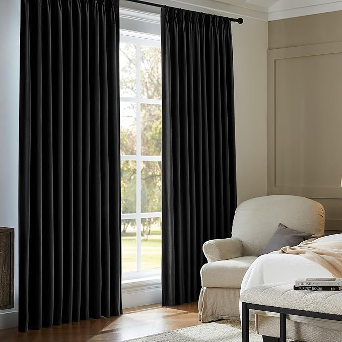 Pinch Pleated 100% Blackout Curtains for Bedroom, Black Velvet Curtains for Living Room, Black Out Curtain 96 inch Long Room Darkening, Blackout Pinch Pleat Drapes with Hooks 2 Panels