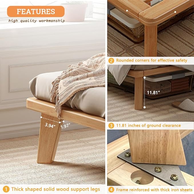 California-King Platform Bed Base - 14 Inch Solid Wood Mattress Foundation with Support Slats and Legs, California King Size Rubberwood Simple Bed Frame