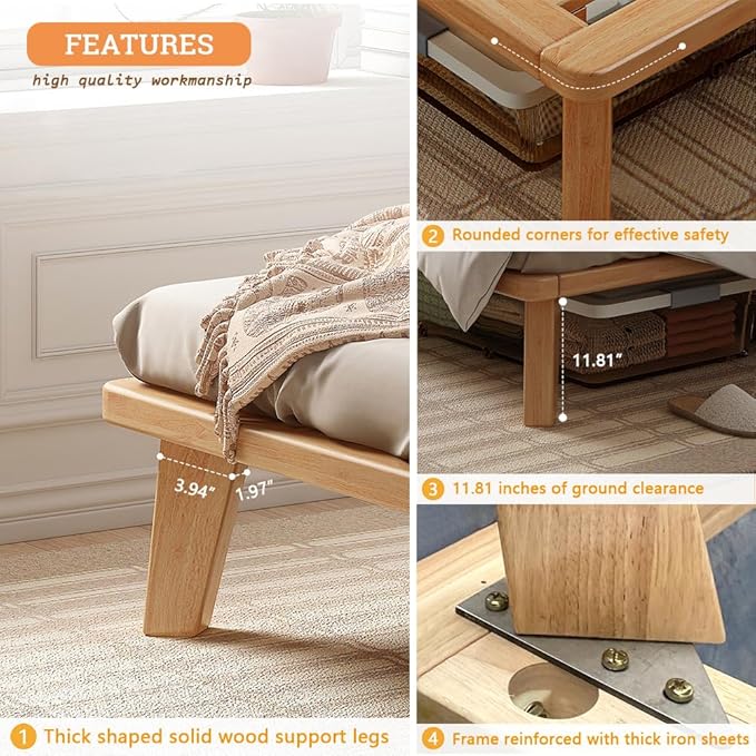 Full Platform Bed Base - 14 Inch Solid Wood Mattress Foundation with Support Slats and Legs, Full-Size Rubberwood Simple Bed Frame