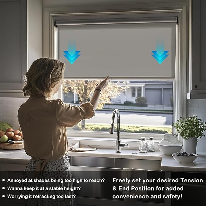 HESTIA No Drill Cordless Blackout Roller Shades Screwless Waterproof Shower Window Blinds, Auto-Retraction Easy Install Blind for Bathroom/Kitchen/Office/Exterior, Grey, 31" W x 72" H