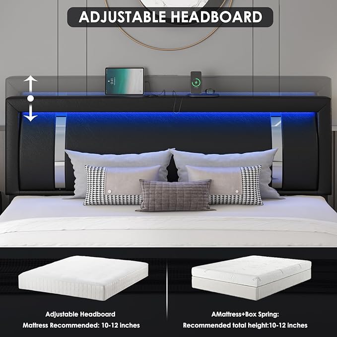 Full Size Bed Frame with RGB LED Lights Headboard & 2 Storage Drawers, Modern Upholstered Faux Leather Smart Platform Bed with Iron Metal Decor, USB & USB-C Charging Ports, No Box Spring Needed, Black