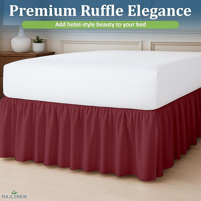 Rajlinen Ruffled Bed Skirt California King, 14 Inch Drop Dust Ruffle with Split Corners, 100% Microfiber Bedskirt with Platform, Three-Sided Coverage Ruffled Gathering Design, Burgundy