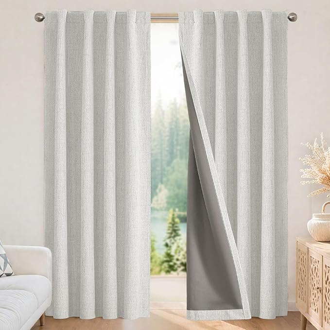 Joydeco Blackout Curtains for Bedroom - 100% Light Blocking 2 Panels Set White Drapes 37" W x 63" L, Thermal Insulated Room Darkening Curtains, Linen Textured for Living Room, Rod Pocket & Back Tabs