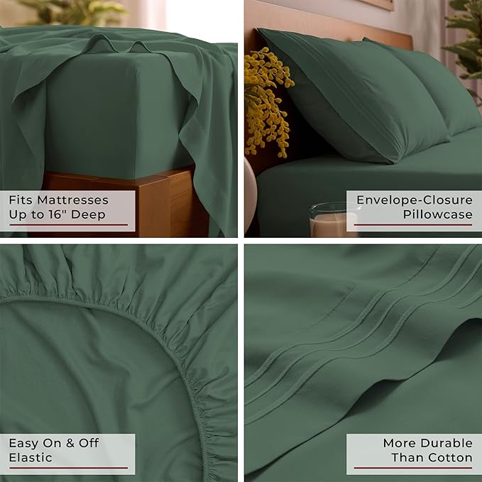 Mellanni Queen Sheet Set - 6-Piece Iconic Collection Bedding, (Including 4 Pillowcases), 16-Inch Deep Pocket, Easy Care, Extra Soft, Cooling Sheets, Brushed Microfiber - Emerald Green