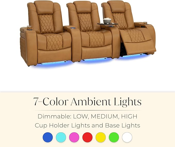 Seatcraft Diamante Zero-Gravity CoolZero Italian Leather Home Theater Seating, Power Headrest, Power Recline, Row of 5 Middle Sofa, Tan Oak