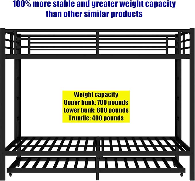 LUXIEE Upgraded & Stronger Heavy Duty Steel Queen Over Queen Bunk Bed Frame, More Stable Safer Thickened Metal Bunkbeds with Twin Size Trundle (Queen Over Queen)