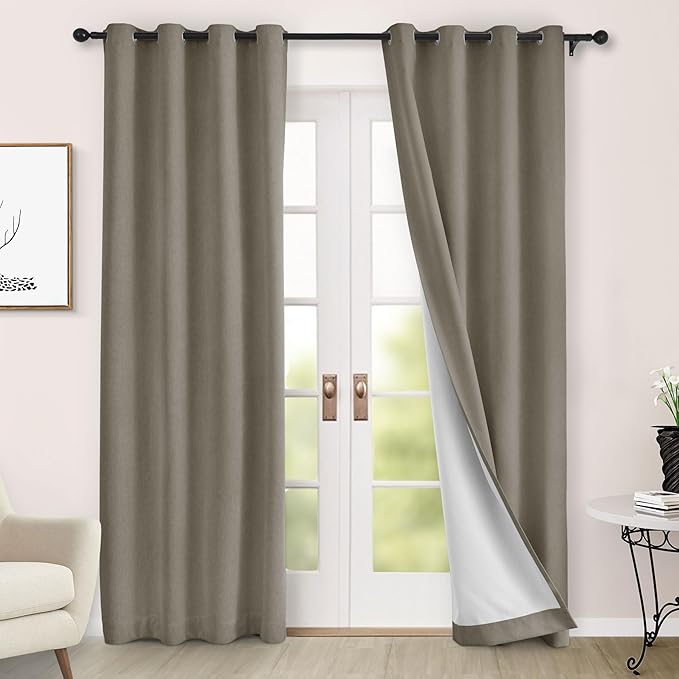 Macochico 52" Wx108 L 100% Blackout Curtains Extra Long Thermal Insulated Chenille Curtains for Living Room Bedroom Auditorium Home Theater Light Taupe Grommet Curtains with Tieback Classic 1 Panel