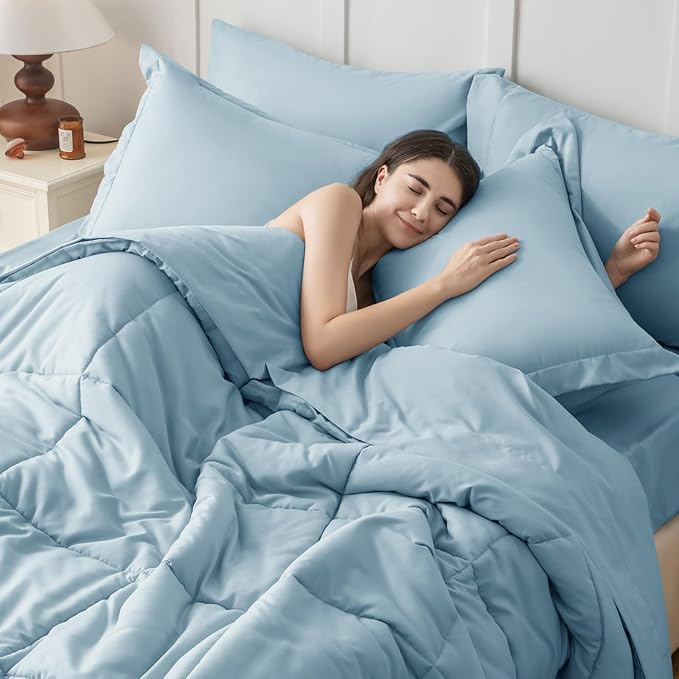 JOLLYVOGUE California King Comforter Set, Ultra-Soft Bed in a Bag Cal King Size 7 Pieces, Oeko-TEX Certified Bedding Set with Down Alternative Comforter, Sheets, Pillowcases & Shams, Lake Blue