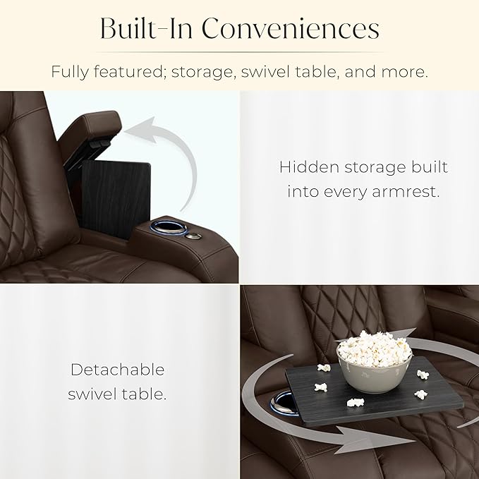 Seatcraft Diamante Zero-Gravity CoolZero Italian Leather Home Theater Seating, Power Headrest, Power Recline, Row of 5 Middle Sofa, Brown