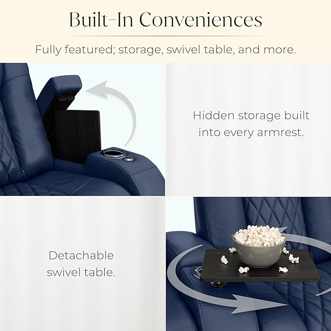 Seatcraft Diamante Zero-Gravity CoolZero Italian Leather Home Theater Seating, Power Headrest, Power Recline, Row of 3 Right Loveseat, Navy Blue