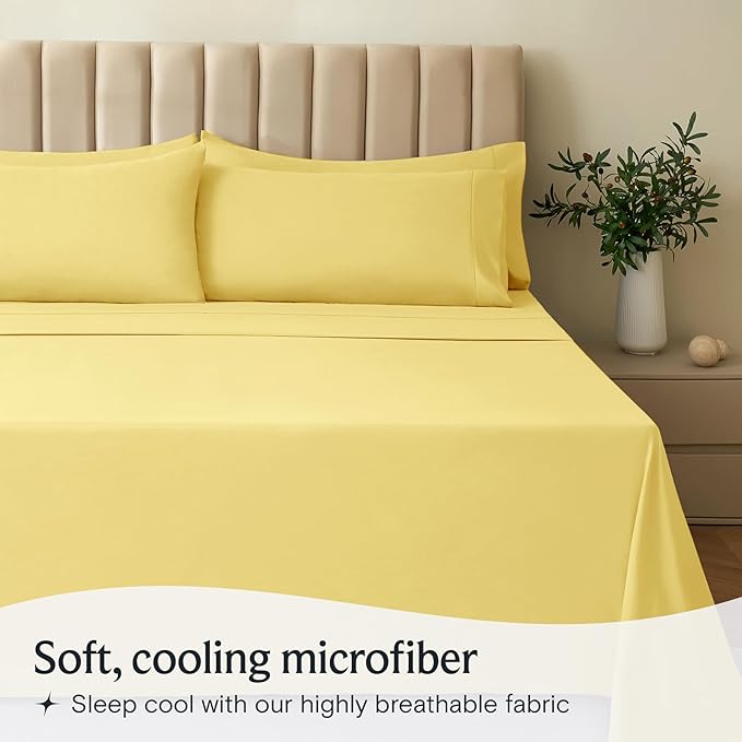 LuxClub 4 PC Sheet Set Bed Sheets Deep Pockets 16" Eco Friendly Wrinkle Free Cooling Machine Washable Hotel Bedding Silky Soft - Lemon Full