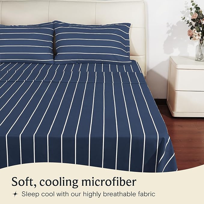 LuxClub 4 PC King Sheet Set, Deep Pockets Wrinkle Free Cooling Bed Sheets Hotel Bedding for Women, Men, Includes 1 Fitted Sheet, 1 Flat Sheet and 2 Pillowcases-Striped - Navy