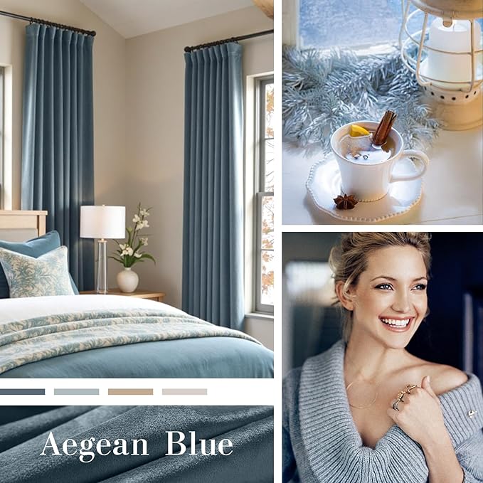 Lazzzy Blue Blackout Velvet Curtains 84 Inch Long Thermal Insulated Room Darkening Lined Curtain Drapes Luxury Back Tab Window Treatments for Bedroom Living Room 2 Panels, 52 x 84 Inch, Aegean Blue