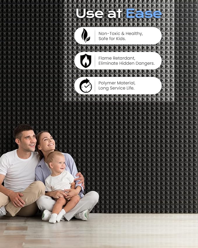 Sonicism Sound Proof Foam Panels for Walls Upgrade Self-Adhesive 12 Pack Pyramid 3"X12"X12" Acoustic Panels 35kg/m³High Density,Soundproof Wall Panels Fast Expand,Sound Absorption and Decoration,Black