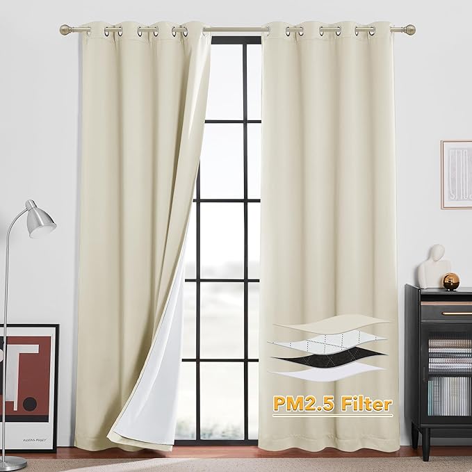 RYB HOME 4-in-1 Dust Filtering Soundproof Blackout Insulating Privacy Window Curtains for Nursery Bedroom Living Room Rivider Sound Absorption Sheet, Beige, W52 x L90 inch, 2 Panels