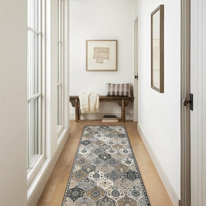 Lahome Moroccan Kitchen Runner Rug, 2'5''x8' Ultra-Thin Soft Washable Runner Oriental Non-Slip Hallway Rug Indoor Throw Carpet for Entryway Bedroom Laundry Room Foyer, Grey