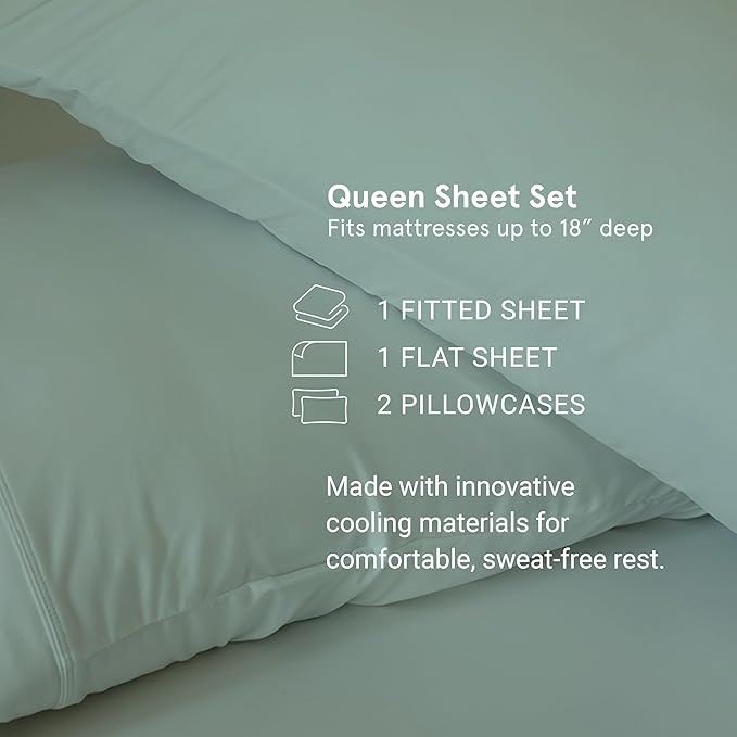 SHEEX - Original Performance Sheets Set (Queen) Pearl Blue - Cooling Sheets - Moisture Wicking - 1 Flat Cooling Sheet, 1 Fitted Cooling Sheet, 2 Pillow Covers - Wrinkle Free - Sleep Aid